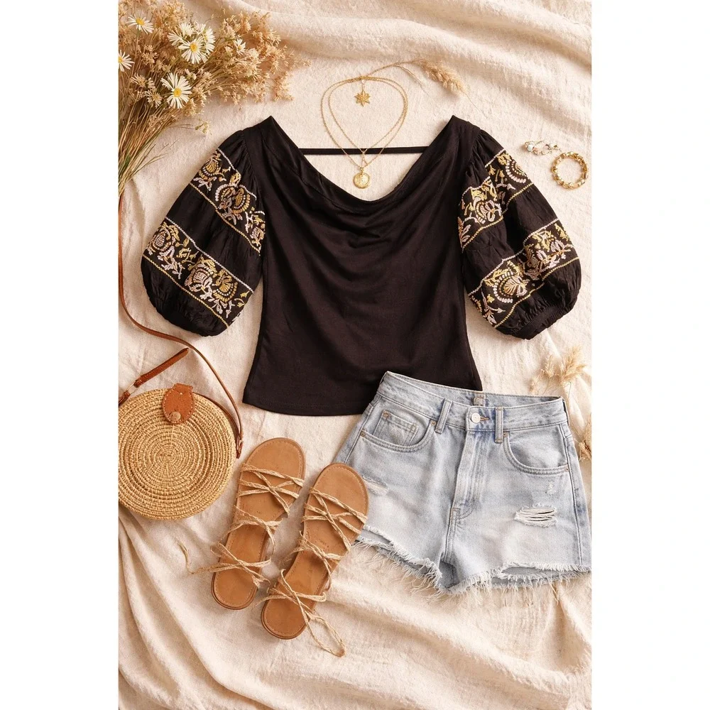 Boho Festival Free People Black Embroidered Puff Sleeve Off Shoulder Top‎ Med